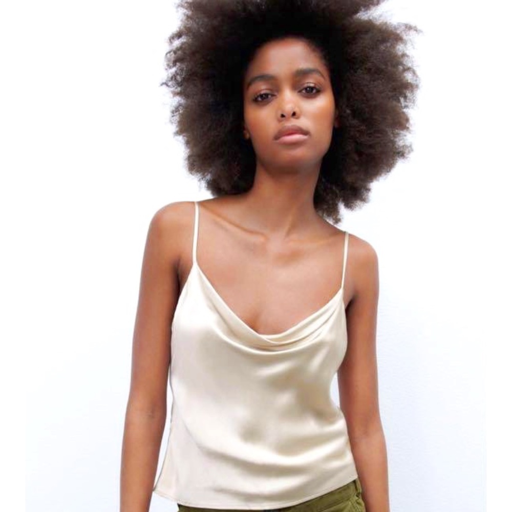 NWT Zara Satin Champagne Cowl Neck Camisole Top | Size XS
